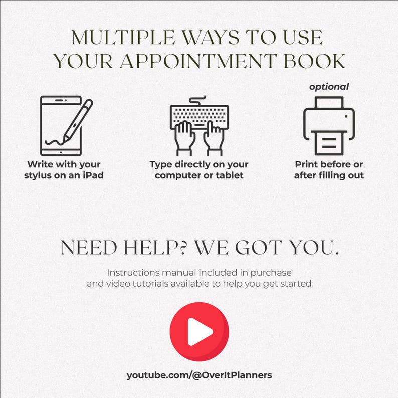 Multiple ways to use the nail tech appointment book: write with a stylus on iPad, type on computer or tablet, or print before or after filling out. Instructions manual and video tutorials included to help you get started.