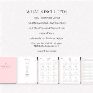 esthetician digital appointment book with 2026–2027 calendars, A–Z client tracker, payment log, and fully hyperlinked pages. Undated pink minimalist planner compatible with Goodnotes, Notability, and Xodo. Includes notes pages, clickable index tabs, and instant download for beauty professionals.