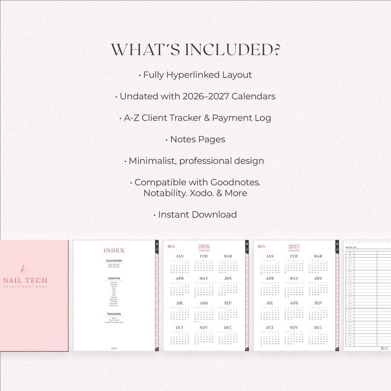 esthetician digital appointment book with 2026–2027 calendars, A–Z client tracker, payment log, and fully hyperlinked pages. Undated pink minimalist planner compatible with Goodnotes, Notability, and Xodo. Includes notes pages, clickable index tabs, and instant download for beauty professionals.