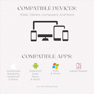 Compatible devices and apps for the nail tech appointment book, including iPads, tablets, and computers. Works with GoodNotes, Notability, Noteshelf, Xodo, Penly, and Adobe Reader.