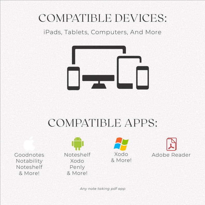 Compatible devices and apps for the nail tech appointment book, including iPads, tablets, and computers. Works with GoodNotes, Notability, Noteshelf, Xodo, Penly, and Adobe Reader.