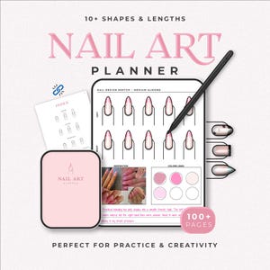 Peut inclure: Un planificateur d'art des ongles rose avec le texte "NAIL ART PLANNER" et "10+ SHAPES & LENGTHS". Le planificateur comprend des croquis de conception d'ongles, des palettes de couleurs et un stylet. Le planificateur comprend également le texte "100+ PAGES".