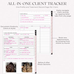All-in-one client tracker for hairstylists with a profile and treatment record per client. Includes A-Z navigation, monthly jump tabs, before & after photo sections, and detailed documentation for products, colors, and styles.