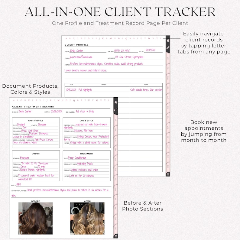 All-in-one client tracker for hairstylists with a profile and treatment record per client. Includes A-Z navigation, monthly jump tabs, before & after photo sections, and detailed documentation for products, colors, and styles.