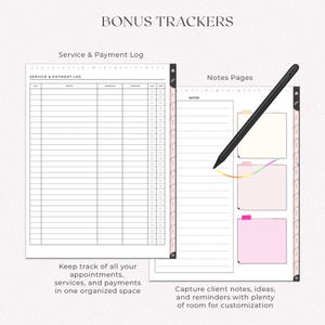 Bonus trackers in hairstylist appointment book: Service & Payment Log for tracking appointments, services, and payments in one place; Notes Pages to capture client notes, ideas, and reminders with ample room for customization.