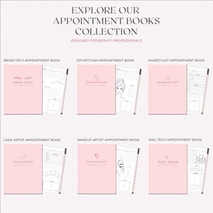 Appointment book collection designed for beauty professionals featuring Brow Tech, Esthetician, Hairstylist, Lash Artist, Makeup Artist, and Nail Tech appointment books. Image shows pink covers with interior page previews to highlight service specific layouts, client tracking pages, and organized scheduling for different beauty services.