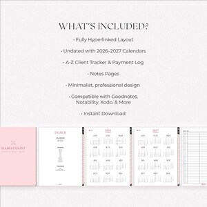 hairstylist digital appointment book with 2026–2027 calendars, A–Z client tracker, payment log, and fully hyperlinked pages. Undated pink minimalist planner compatible with Goodnotes, Notability, and Xodo. Includes notes pages, clickable index tabs, and instant download for beauty professionals.