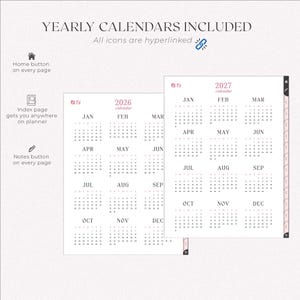Yearly calendars for 2026 and 2027 included in the hairstylist appointment book. Each page has hyperlinked icons for easy navigation: Home button, index page for planner-wide access, and a notes button on every page.