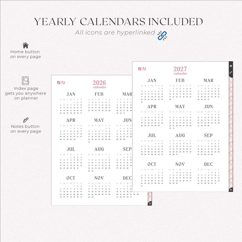 Yearly calendars for 2026 and 2027 included in the hairstylist appointment book. Each page has hyperlinked icons for easy navigation: Home button, index page for planner-wide access, and a notes button on every page.