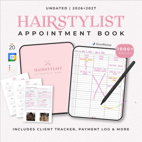 Hairstylist Appointment Book: Includes 2026-2027 Calendar, Client Tracker & Treatment Record (Instant Download)