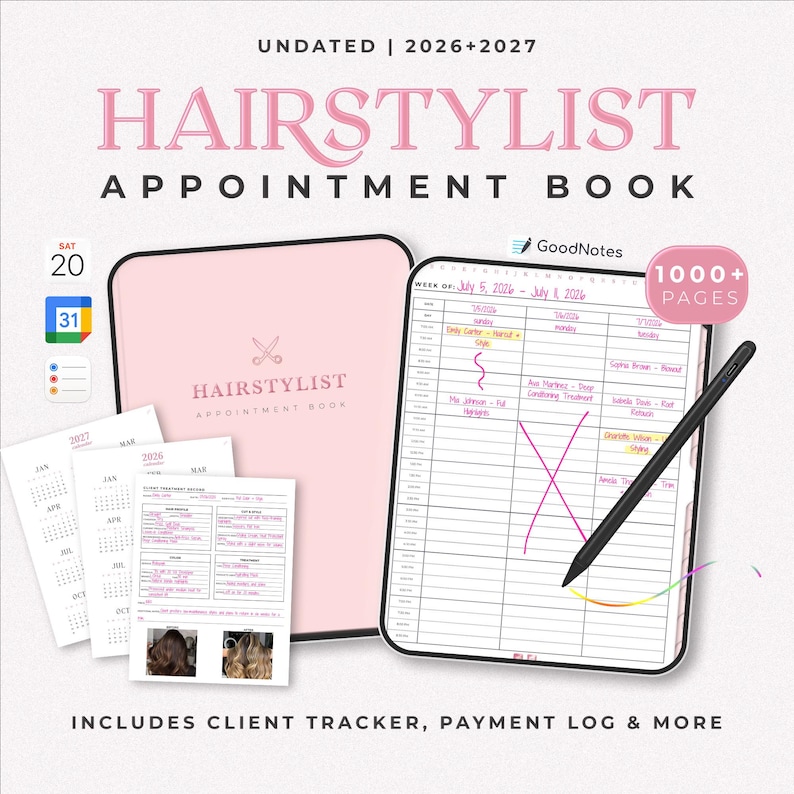 Undated 2026-2027 Hairstylist Appointment Book with 1000+ pages, client tracker, payment log, and Apple & Google Calendar links. Perfect for stylists to organize schedules and track client details. Compatible with GoodNotes.