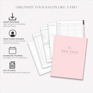 Organize your salon like a pro with this Hairstylist nail tech Book. Features instant download, client tracker, undated flexibility, and standard 8.5 x 11-inch size. Perfect for tracking client details, service history, and appointments.