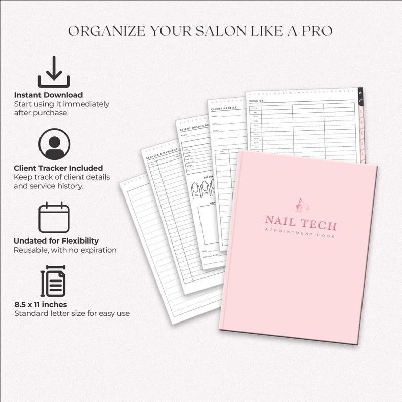 Organize your salon like a pro with this Hairstylist nail tech Book. Features instant download, client tracker, undated flexibility, and standard 8.5 x 11-inch size. Perfect for tracking client details, service history, and appointments.