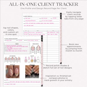 All-in-one client tracker for nail techs. Digital appointment book with client profile and design record pages. Log nail shapes, colors, and custom art in one place, record polish shades and full set designs, and compare inspiration vs finished set photos. Hyperlinked tabs for easy navigation and booking new appointments.