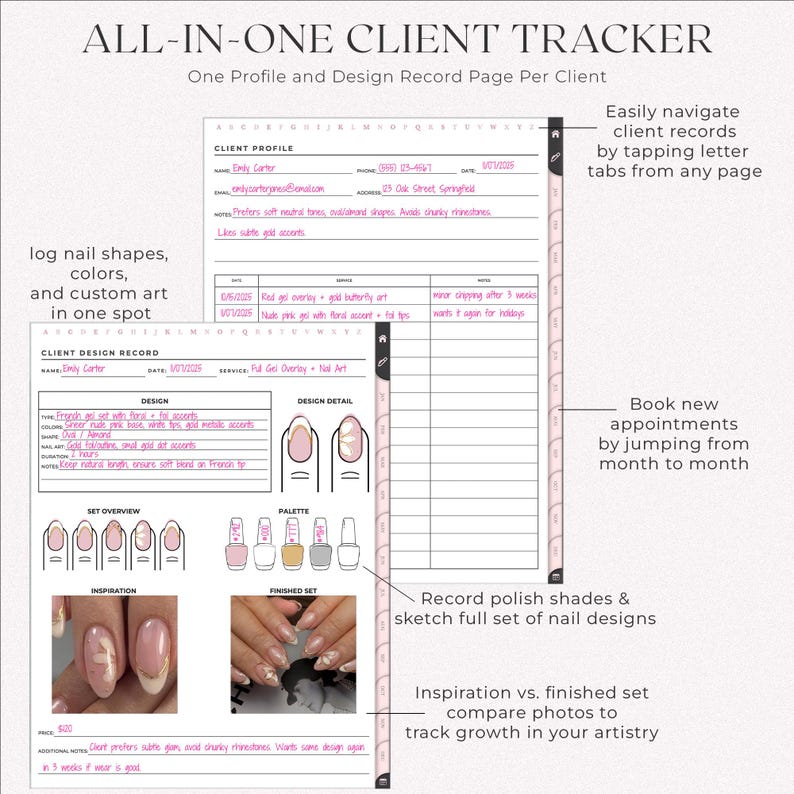 All-in-one client tracker for nail techs. Digital appointment book with client profile and design record pages. Log nail shapes, colors, and custom art in one place, record polish shades and full set designs, and compare inspiration vs finished set photos. Hyperlinked tabs for easy navigation and booking new appointments.