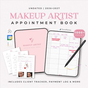 Agenda de citas para maquilladores: incluye calendario 2026-2027, registro de clientes y registro de servicios (descarga instantánea)