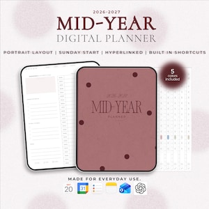 May include: A 2026-2027 mid-year digital planner with a portrait layout, Sunday start, and hyperlinks. The cover is a dusty rose color with dark circular accents. The planner includes five color options and features a daily schedule page.