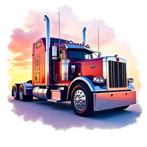 Könnte beinhalten: Ein roter Sattelzug mit einer weißen Kabine und Chrom-Akzenten. Der LKW fährt auf einer Straße mit einem Sonnenuntergang im Hintergrund. PNG- und JPG-Dateien. 300 DPI hohe Auflösung.