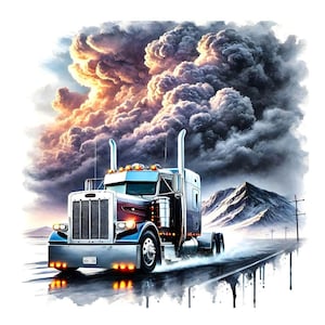 May include: A blue and red semi-truck driving on a snowy road with a dark, stormy sky in the background.  Bundle of 14 JPG files. 300 DPI High resolution.