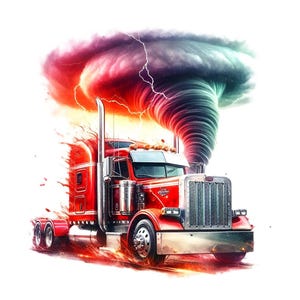 May include: A red semi-truck with a white cab and a black grill drives through a swirling tornado. The truck is surrounded by flames and smoke. PNG and JPG files. 300 DPI High resolution.