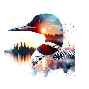 Aquarela Loon em um lago ao pôr do sol PNG JPG, Natureza Vida Selvagem Clipart, Download digital, Souvenir Camiseta Sublimação Logotipo, Dupla exposição