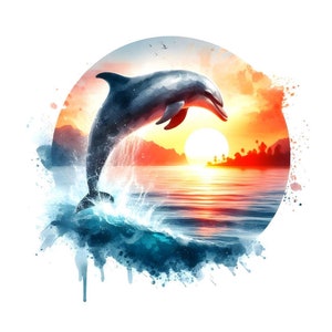 May include: A watercolor illustration of a dolphin jumping out of the water at sunset. The dolphin is silhouetted against a bright orange and pink sky. The water is a deep blue and green.