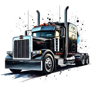 May include: A black semi-truck with a white grill and chrome accents. The truck is on a white background with black paint splatters. The text "Bundle of 14 JPG files. 300 DPI High resolution." is below the truck.