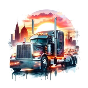May include: A digital illustration of a semi-truck with a city skyline and sunset in the background. The truck is black and silver with flame details. The image includes the text "PNG and JPG files. 300 DPI High resolution."