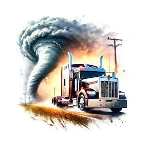 Puede incluir: Un camión semi-remolque rojo y blanco conduce por una carretera con un tornado de fondo. El camión se dirige hacia el espectador. La imagen es una ilustración digital.