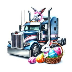 May include: A blue semi-truck with two white bunnies sitting on the cab. The bunnies are wearing pink bows. The truck is surrounded by colorful Easter eggs in a basket.