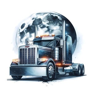 May include: A black semi-truck with a silver front bumper and grill is parked in front of a large, white moon with a starry sky background. The truck has a silver exhaust pipe and a silver steering wheel. The truck is surrounded by a white, cloudy background.