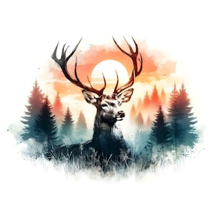 May include: A watercolor illustration of a deer standing in a forest with a sunset in the background. The deer has large antlers and is looking to the right. The sunset is a mix of orange, yellow, and red colors. The forest is made up of tall, dark green trees.