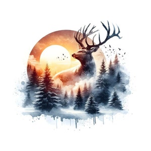 May include: A watercolor painting of a deer standing in a forest with a sunset in the background. The deer is brown with large antlers. The forest is made up of tall, dark green pine trees. The sunset is a vibrant orange and yellow.