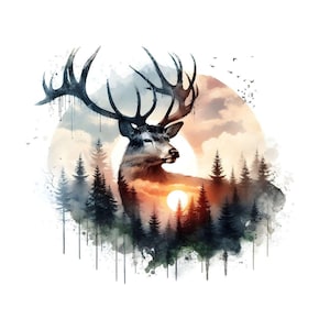 May include: A watercolor painting of a deer standing in a forest with a sunset in the background. The deer has large antlers and is looking to the right. The forest is made up of tall, thin trees. The sunset is a bright orange and yellow.