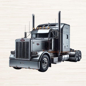 May include: A silver semi-truck with a black grill and chrome accents. The truck is on a white wood background. PNG and JPG files. 300 DPI High resolution.