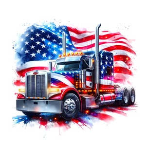 May include: A red, white, and blue American flag with a semi-truck painted in the same colors. The truck is driving on a road with a watercolor effect. The text "Bundle of 14 JPG files. 300 DPI High resolution." is below the image.