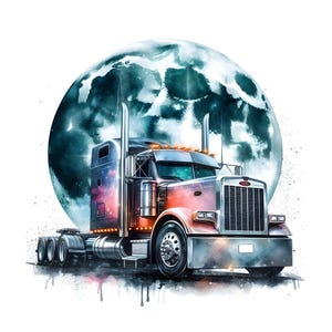 May include: A red and silver semi-truck with a large, full moon in the background. The truck is driving on a road with a watercolor effect. PNG and JPG files. 300 DPI high resolution.