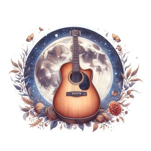 14 färgglada akustiska gitarr clipart JPG-filer, högkvalitativa bilder, musiker t-shirt sublimeringslogotyp, sångare låtskrivare väggdekor, 300 DPI