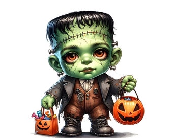 10 Watercolor Baby Frankenstein Clipart, Bundle of High Quality JPG Images, Digital Download, Halloween Monster Kid T Shirt Sublimation Logo