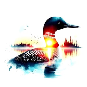 Aquarela Loon em um lago ao pôr do sol PNG JPG, Natureza Vida Selvagem Clipart, Download digital, Souvenir Camiseta Sublimação Logotipo, Dupla exposição