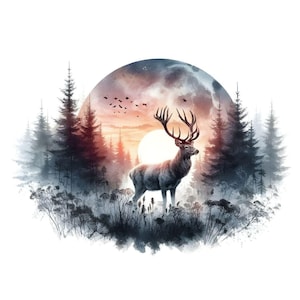 Puede incluir: Una ilustración de acuarela de un ciervo de pie en un bosque con una luna llena en el fondo. El ciervo es marrón con grandes cuernos. La luna es de un azul pálido con un toque de rosa y naranja. El bosque es de un verde oscuro con algunos árboles en primer plano. La imagen está rodeada por un borde blanco.