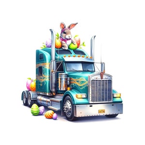 May include: A teal semi-truck with a bunny rabbit sitting on top of the cab. The truck is decorated with Easter eggs and flowers. PNG and JPG files. 300 DPI High resolution.