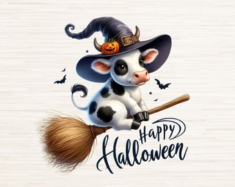 Happy Halloween Cute Watercolor Dairy Cow PNG JPG Files, Digital Download, Kids Farming Tshirt Sublimation Logo, Witch Hat Design Graphic
