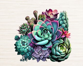 鮮やかな多肉植物のアートワーク PNG | インスタントデジタルダウンロード | 植物 PNG | T シャツ昇華 | 手作りクラフト作成 PNG | 植物クリップアート