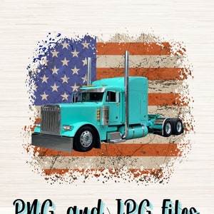 Könnte beinhalten: Ein türkisfarbener Sattelschlepper mit einer weißen Kabine und silbernen Akzenten steht vor einer abgenutzten amerikanischen Flagge. Die Flagge hat einen weißen Hintergrund mit roten und weißen Streifen und blauen Sternen. Das Bild hat einen Grunge-Effekt.