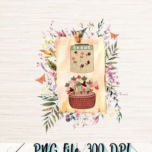 Cottage core-png | Digitaal downloaden | sublimatie PNG | Vintage zaadpot PNG | Lentetuin sublimatie | Aquarel stijl clipart afbeelding