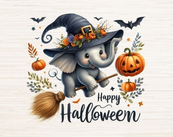 Happy Halloween Cute Watercolor Elephant PNG JPG Files, Digital Download, Kids Animal T shirt Sublimation Logo, Witch Hat Design Graphic