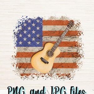Amerikaanse vlag met akoestische gitaar PNG-bestand | Digitale download | Bandkunst | Patriottisch ontwerp | Muzikale T-shirt sublimatie | Muzikale illustraties