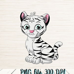 May include: A white tiger cub with black stripes sits on a white background. The cub has pink ears and blue eyes.