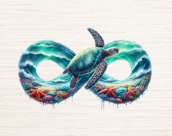 Puede incluir: Una ilustración de acuarela de una tortuga marina nadando a través de un símbolo de infinito hecho de olas oceánicas. La tortuga es verde y azul, y las olas son turquesa y azules. Hay coral y estrellas de mar en las olas. El fondo es una veta de madera clara.